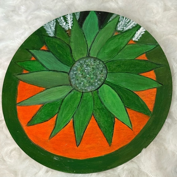Vibrant Green and Orange Circular Acrylic Painting coaster original by Artist - Picture 1 of 1
